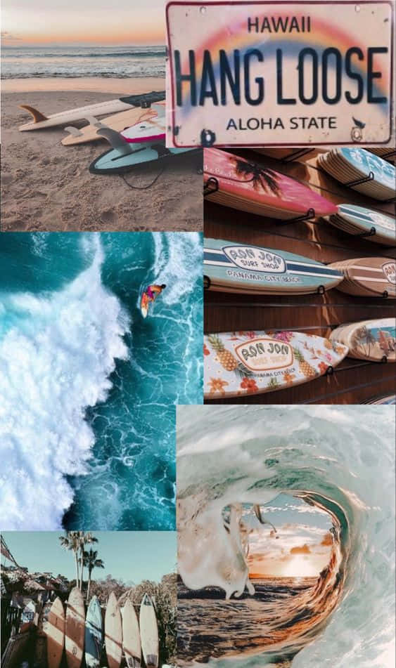 夏威夷的衝浪板和海洋波浪，帶有 'Hang Loose' 車牌。