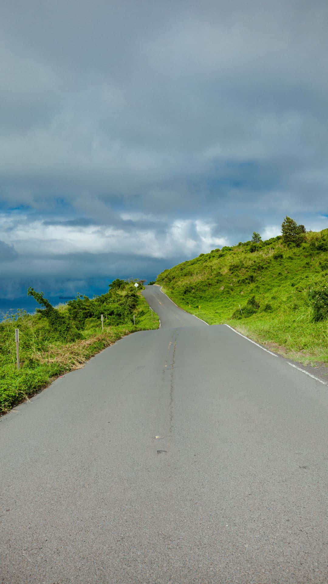 蜿蜒的道路穿過綠色山丘，多雲的天空，遠處有海洋