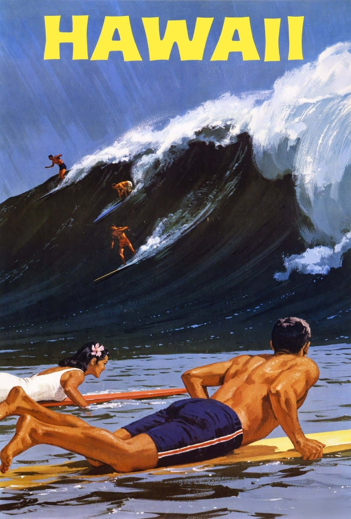 夏威夷經典衝浪彩色插畫 壁紙 — 復古夏威夷衝浪海報展示衝浪者在巨浪上衝浪，並以粗體黃色文字宣告夏威夷。