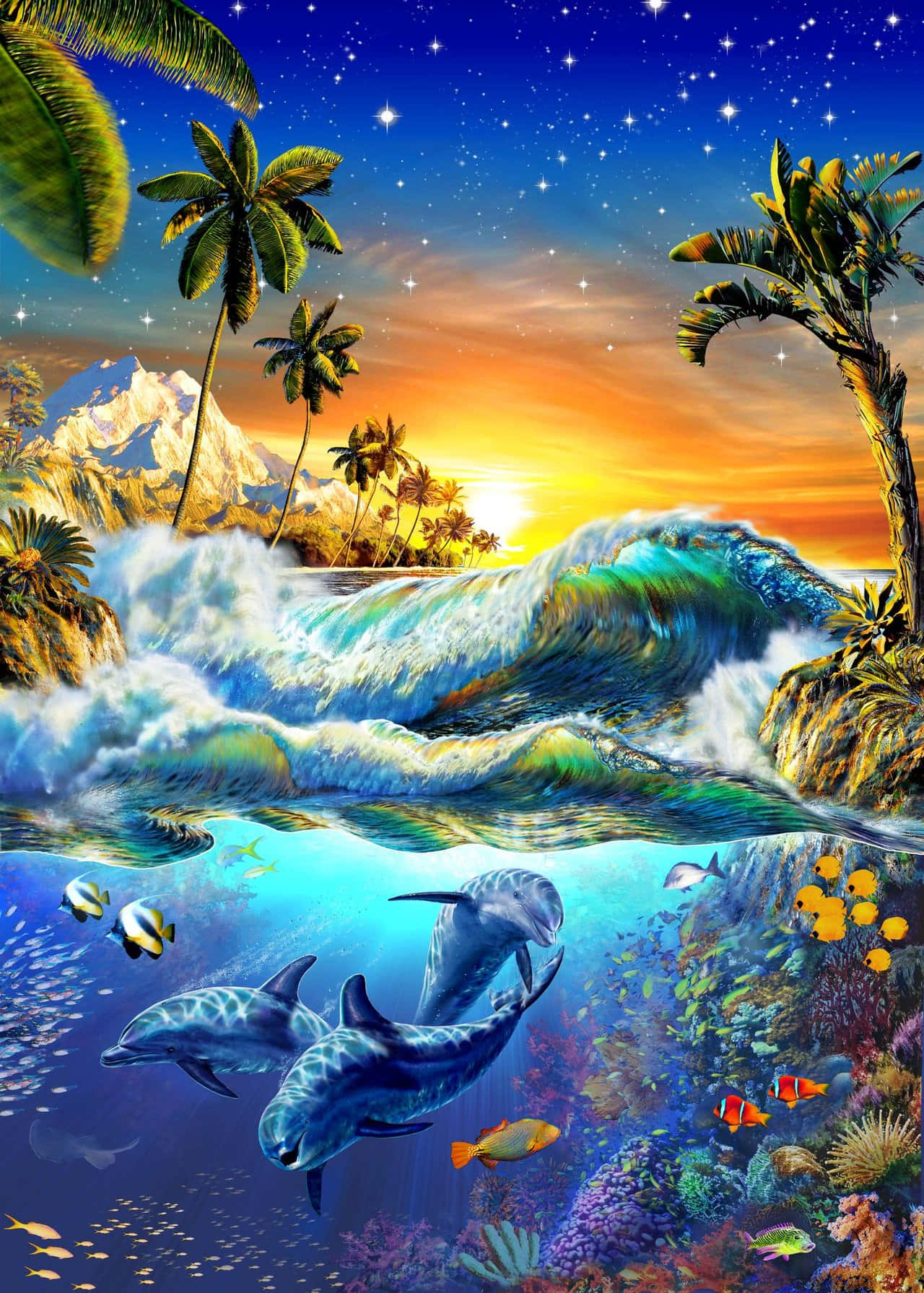 海豚躍過海浪，上方有棕櫚樹和星星，下方有珊瑚礁。