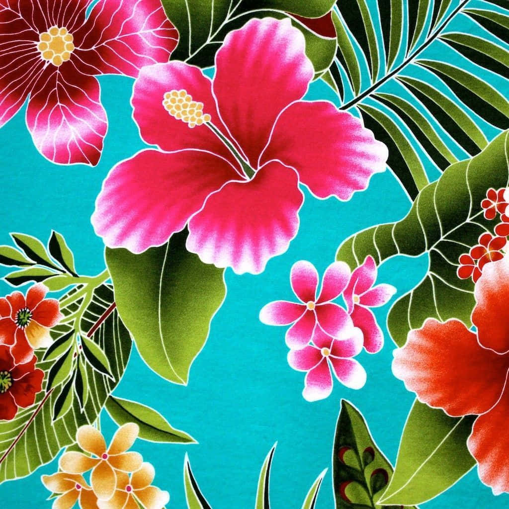 在藍綠色背景上，帶有芙蓉花和葉子的熱帶花卉圖案。