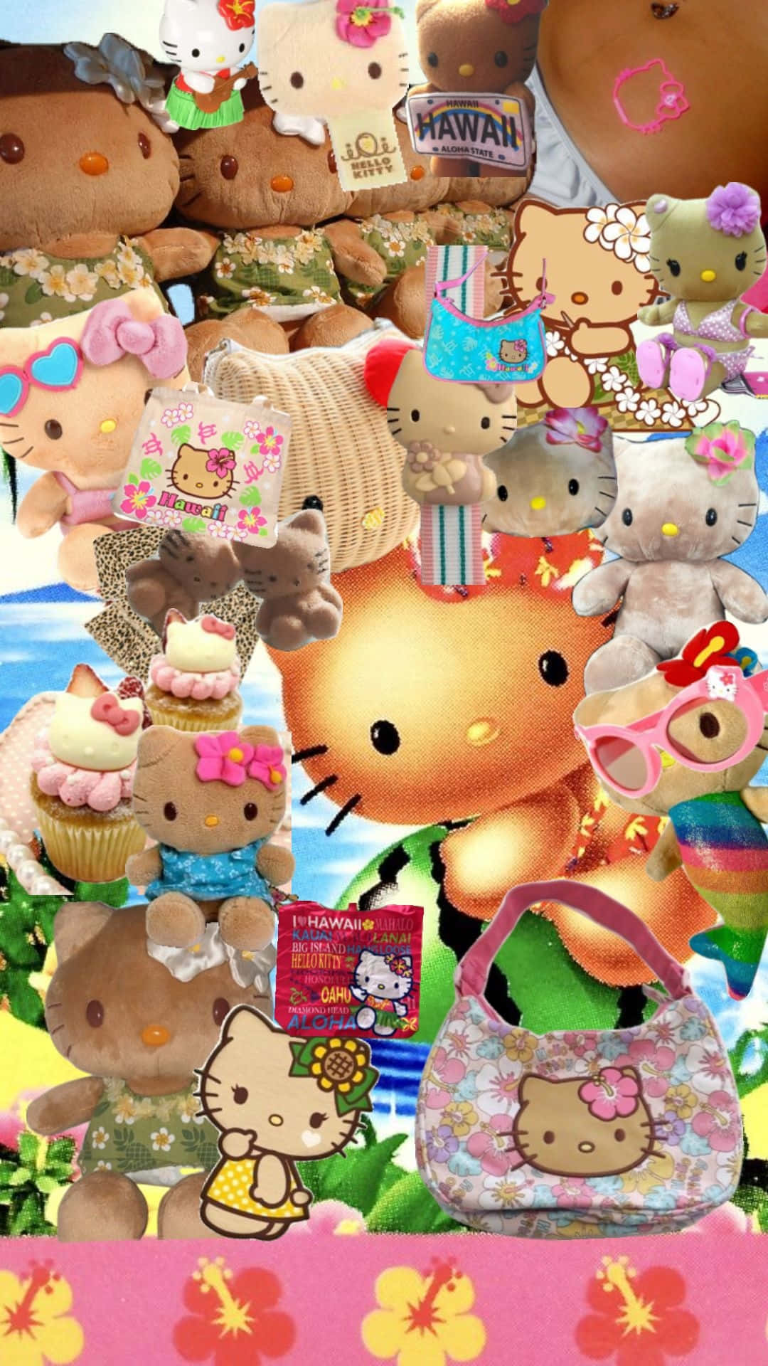 夏威夷風格Hello Kitty拼貼畫 壁紙 — 一個充滿活力的拼貼畫，展示Hello Kitty毛絨玩具、配件和杯子蛋糕，以熱帶海灘為背景。