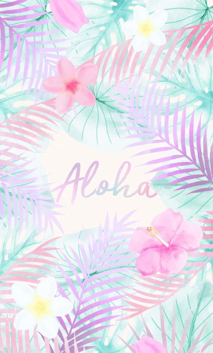 熱帶水彩設計，粉紅色花朵和棕櫚葉圍繞「Aloha」字樣。