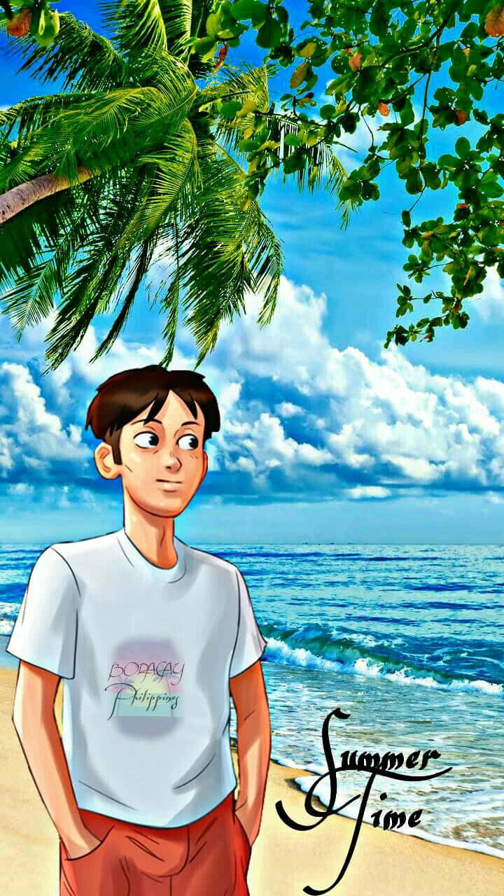 年輕男子在棕櫚樹下的熱帶沙灘上，伴隨著海浪