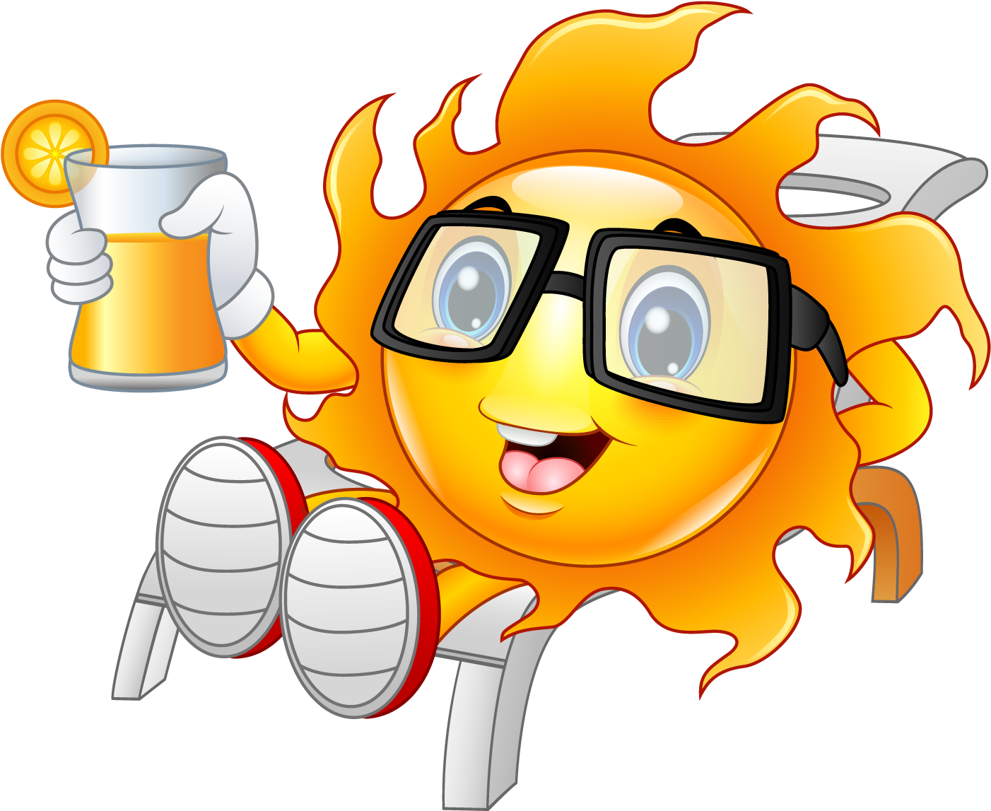 夏日假期太陽角色 壁紙 — 一個戴眼鏡嘅開心卡通太陽喺椅子上放鬆，手拎住一杯有橙片嘅啤酒。