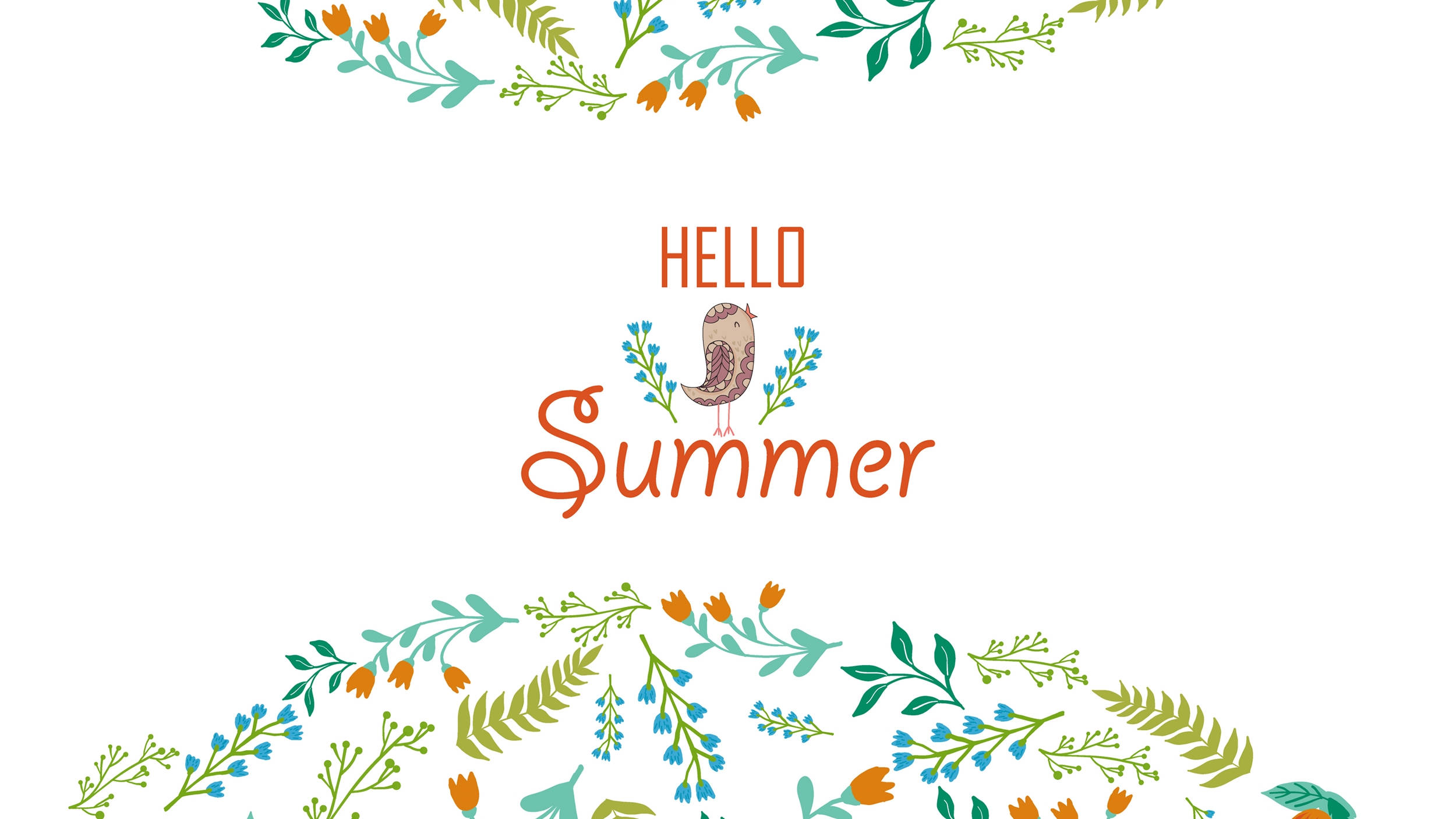 夏日問候花卉設計 壁紙 — 一幅歡樂的插圖問候，帶有「Hello Summer」文字，兩側是色彩繽紛的花環，上有鳥兒和花朵。