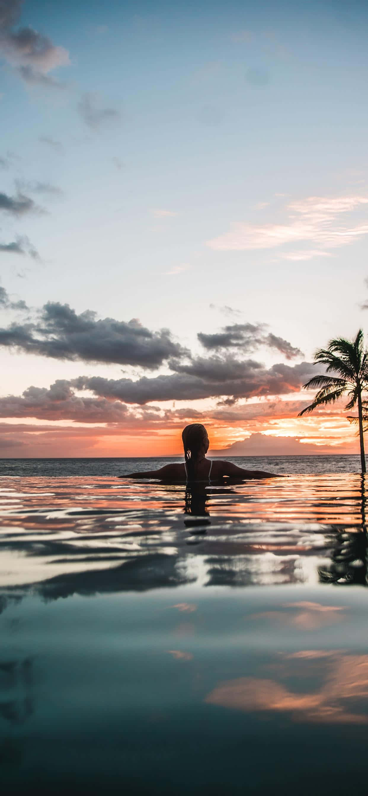 夏日夕陽海景美學畫面 壁紙 — 一個人在日落時分漂浮在無邊際泳池中，棕櫚樹和充滿活力的天空倒映在平靜的水面上。