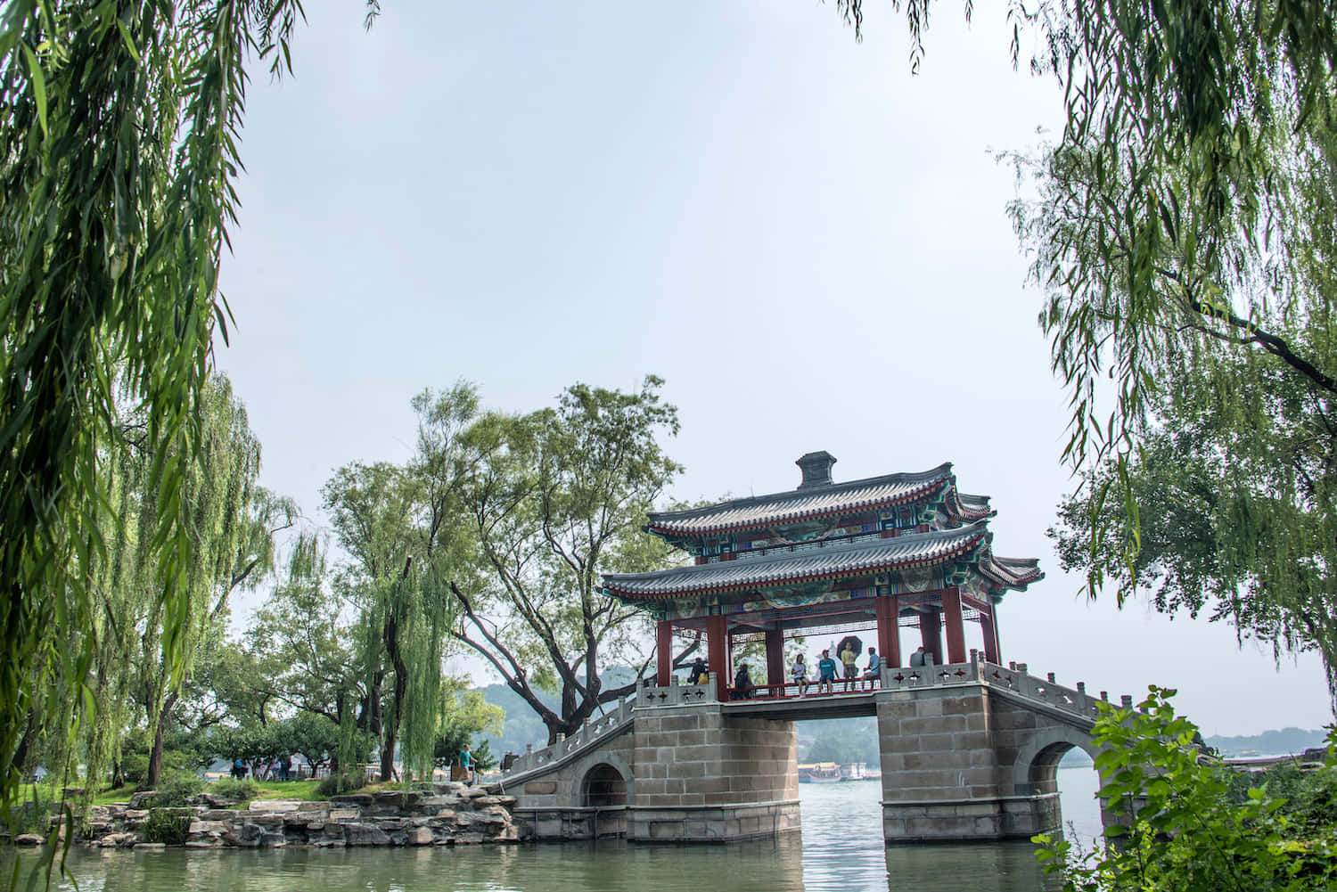 夏日宮殿園林橋樑 壁紙 — 一座傳統中式亭橋拱跨在平靜的水面上，被垂柳枝條和茂密的綠樹環繞，映襯著明亮的天空。