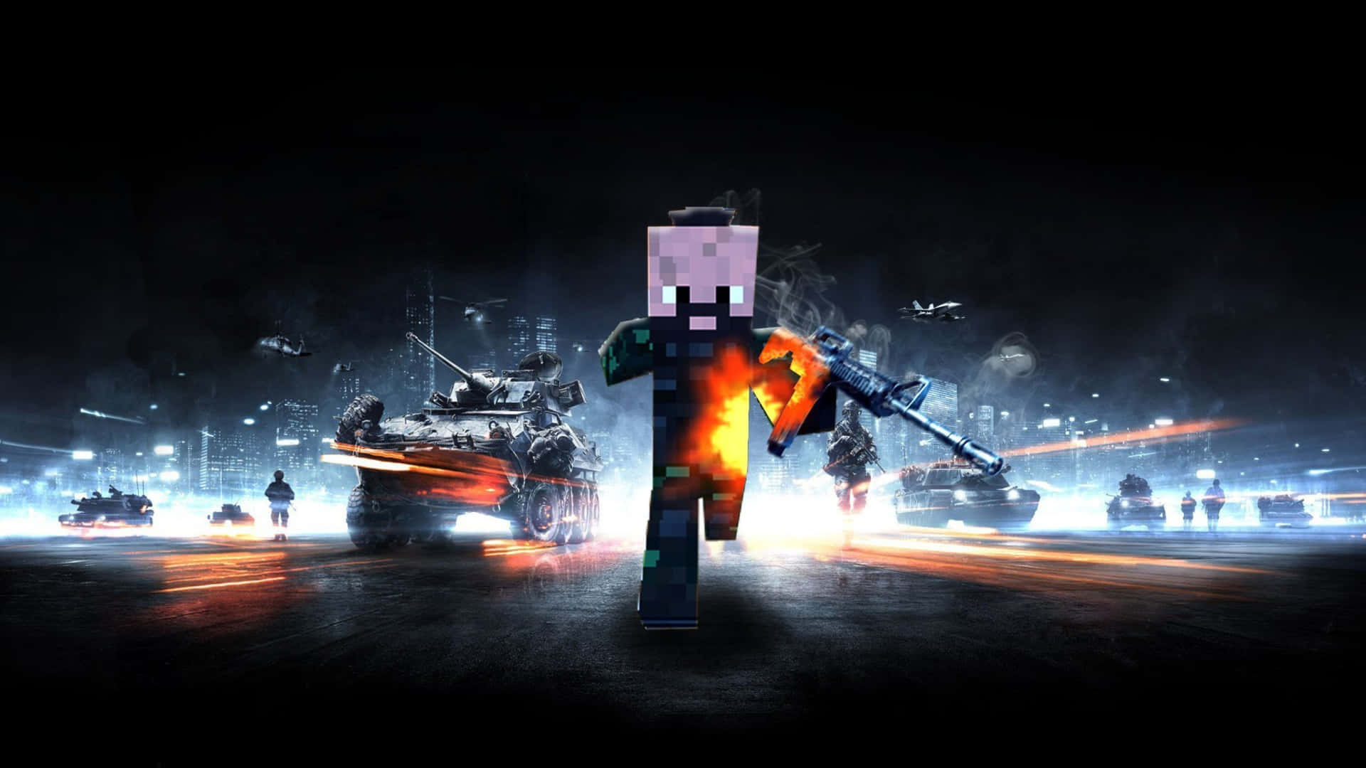 像素化的Minecraft角色手持武器，置身於夜間城市戰爭場景中，有坦克和爆炸。