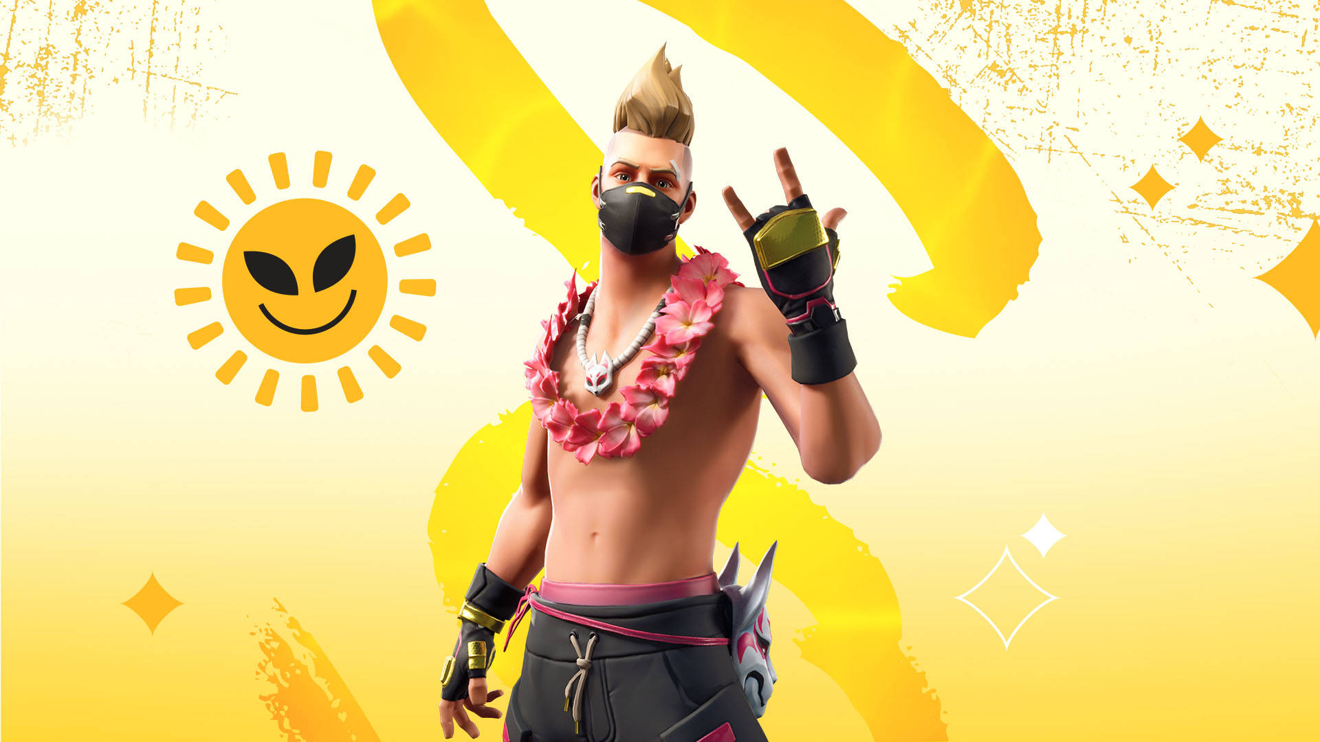 夏日氣息與Drift - Fortnite 火力全開 壁紙 — 一個《要塞英雄》外星角色戴著粉紅色花環和黑色面具，在明亮的黃色抽象背景前比出和平手勢。