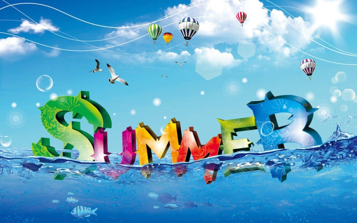 色彩繽紛的夏天字母從海水中升起，上方有熱氣球和鳥類。