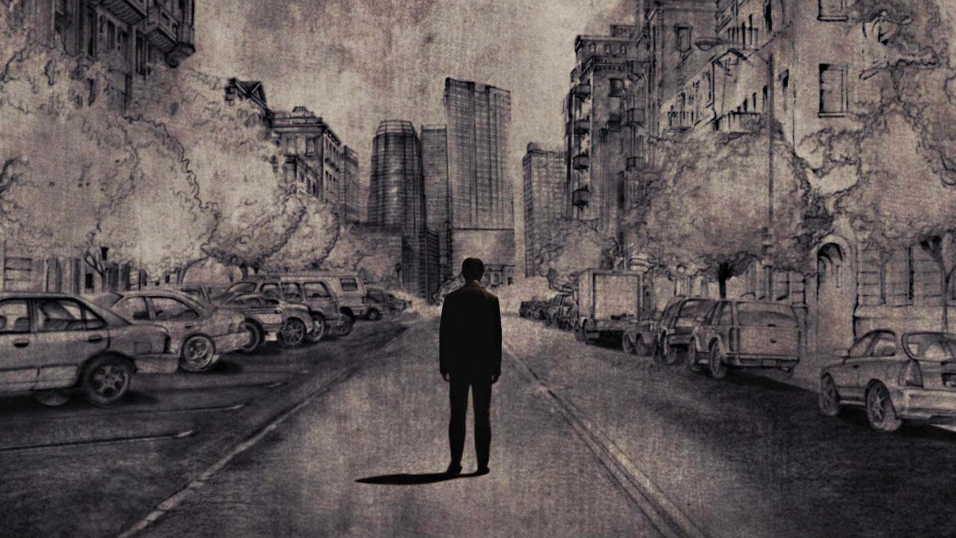 一個孤獨的男人在黃昏時分走在安靜的城市街道上。