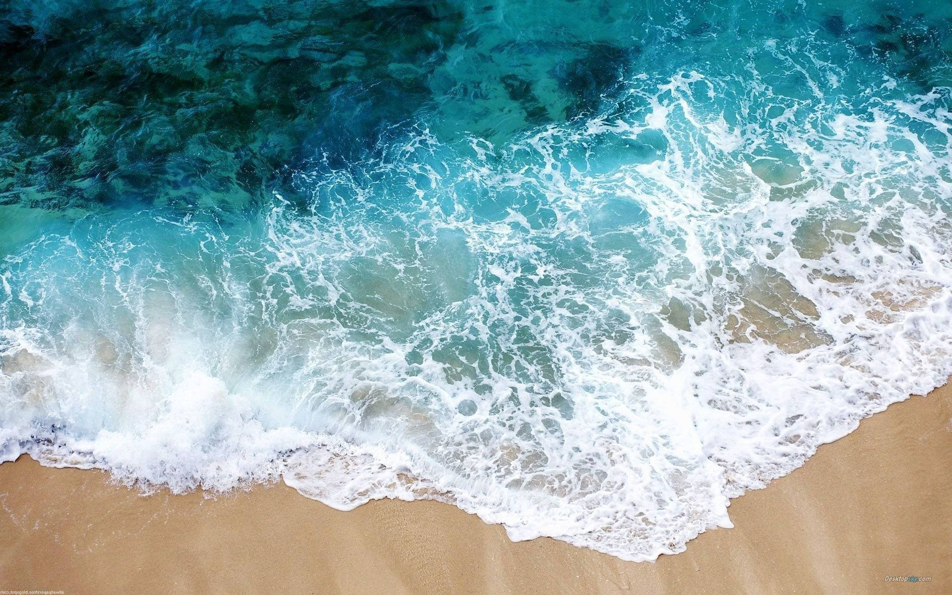 碧綠的海浪在金色沙灘上破碎，泛起白色泡沫。