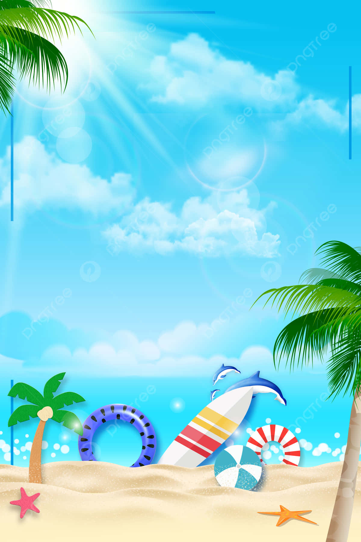 夏日海灘的無窮樂趣 壁紙 — 充滿活力的海灘場景，有棕櫚樹、衝浪板、充氣環和海星，在明亮的藍天和陽光下。