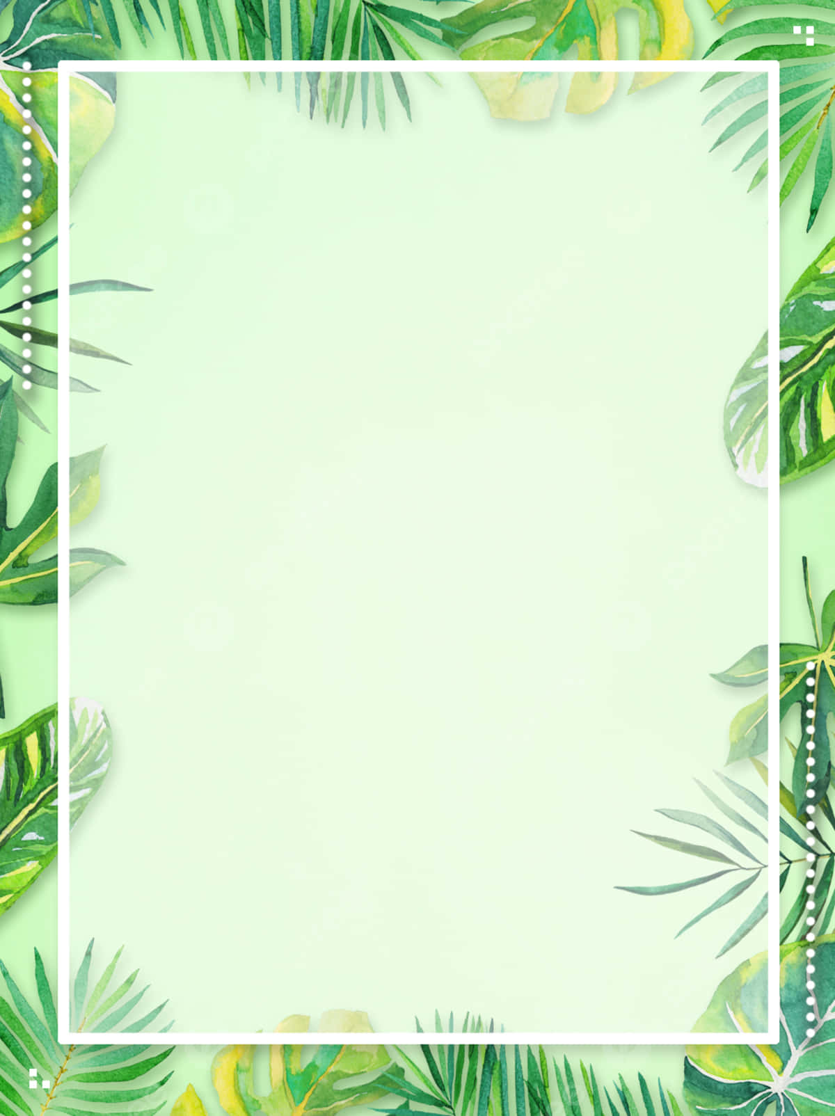 夏日繁茂葉影花園特寫 壁紙 — 熱帶綠色葉片框住空白薄荷色背景，以水彩風格呈現，並帶有珍珠點綴。