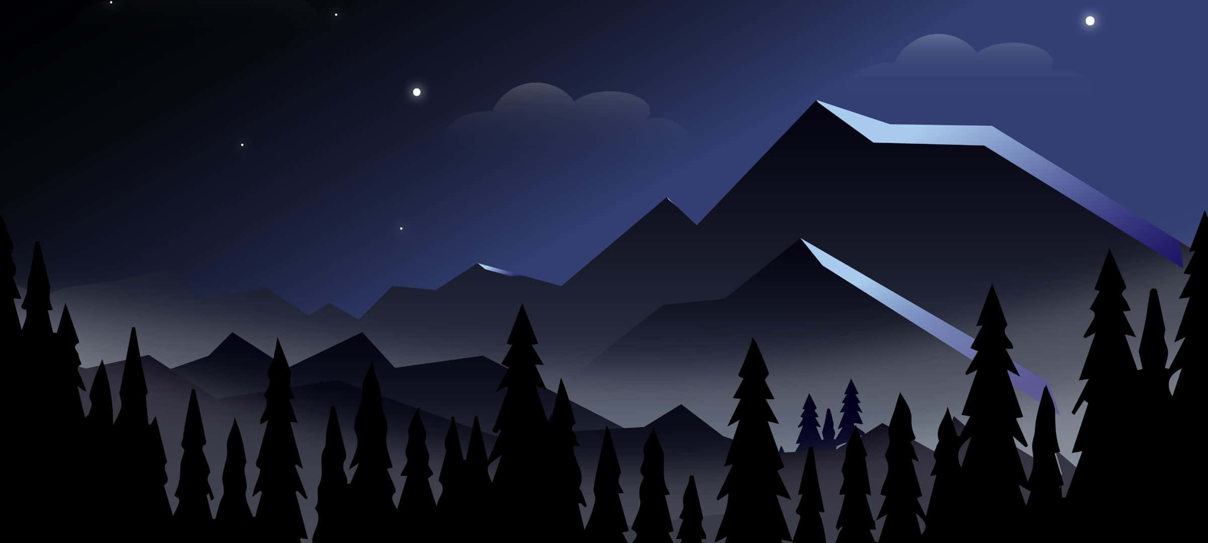 夜晚的山景，有松樹和星星