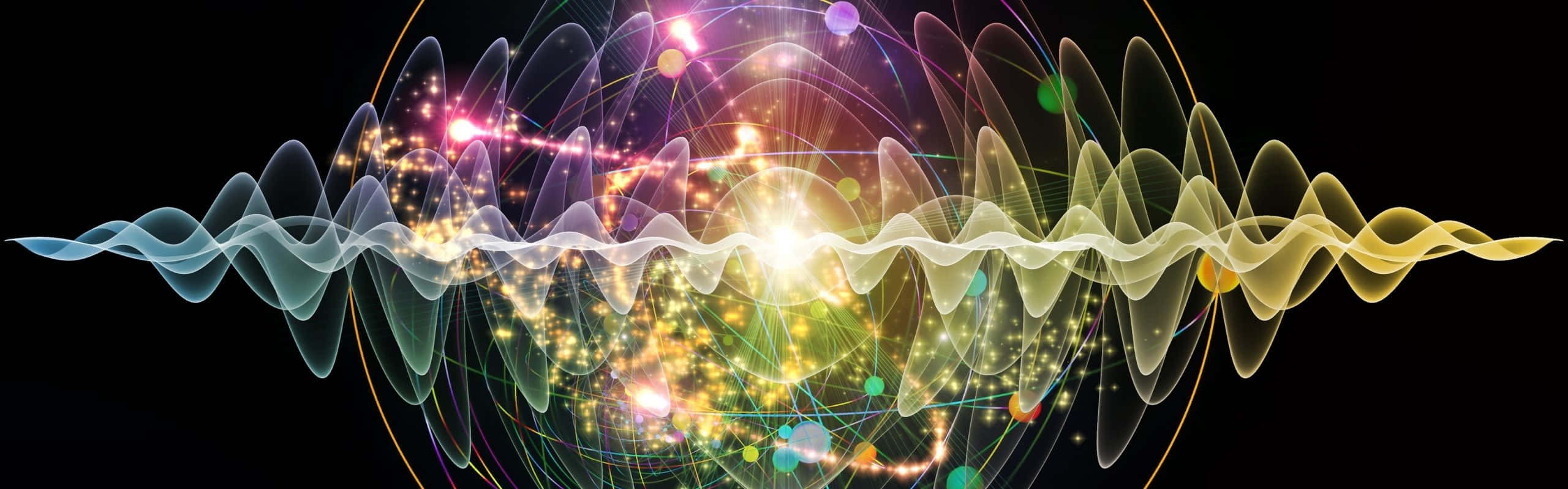 動態的宇宙波紋，帶有發光粒子和輻射光爆發。