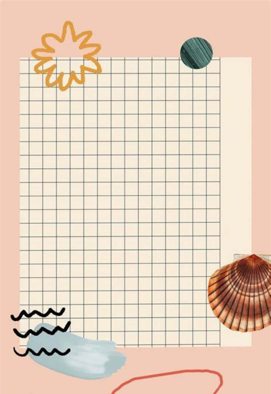 粉紅色背景上的極簡插圖，包含網格紙、貝殼、太陽、波浪和圓形