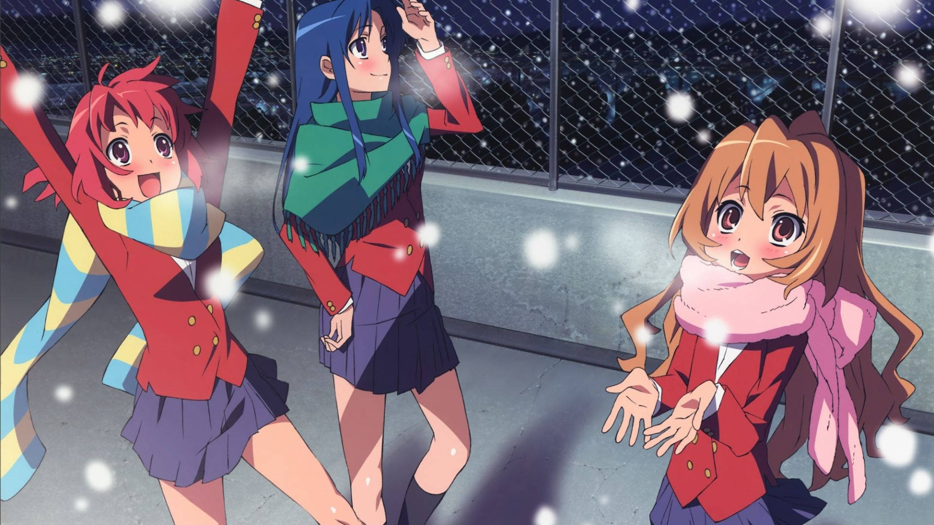 三個動漫女仔夜晚喺雪中跳舞，著住校服同頸巾。