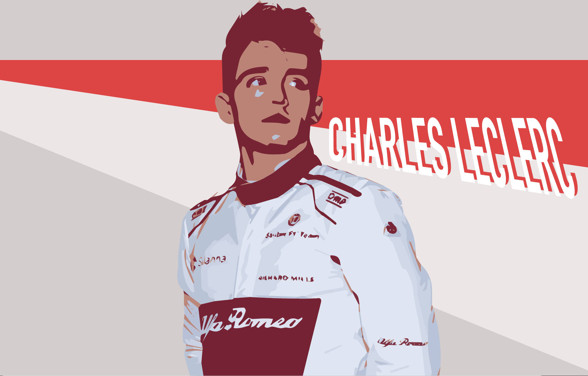 Charles Leclerc身穿阿爾法羅密歐賽車服，背景為大膽的紅色和灰色。