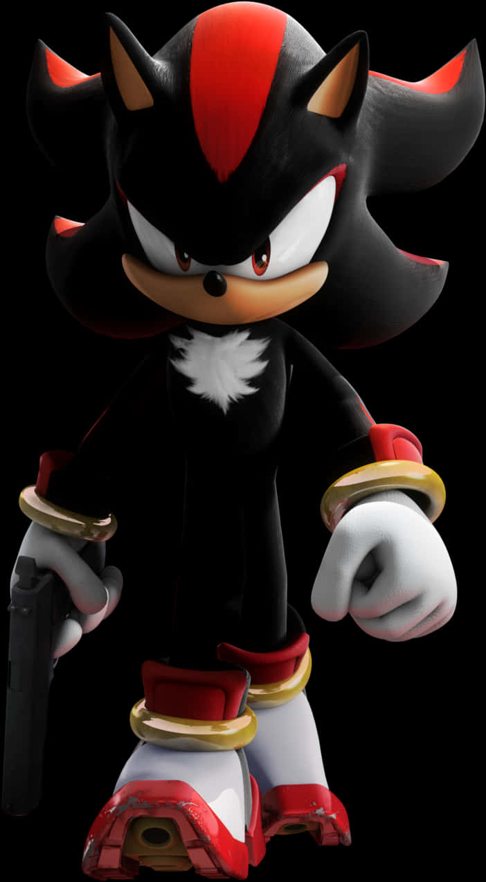 夏特·刺猬站立姿勢 壁紙 — Shadow the Hedgehog 以戲劇性的姿勢站在黑色背景前，他的紅黑毛髮散發出強烈的光芒。