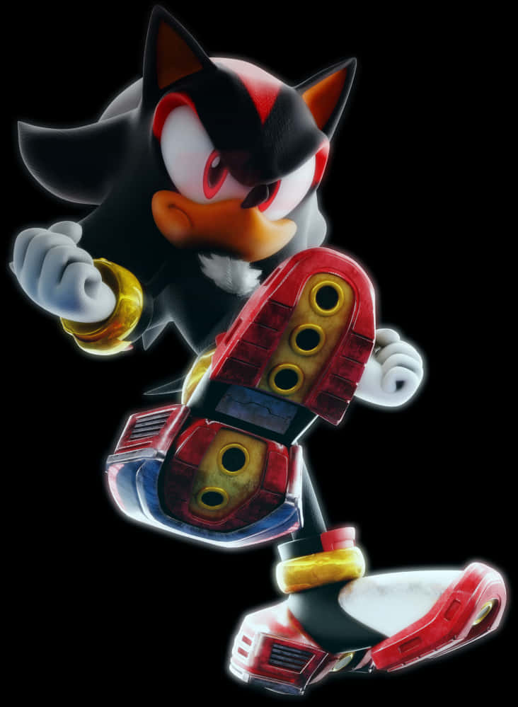 夏特刺猬動作造型 壁紙 — Shadow the Hedgehog 以動感姿態展現，搭配發光紅色鞋子，背景為黑色。