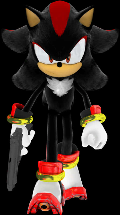 夏特刺猬持槍造型 壁紙 — Shadow the Hedgehog 以英雄姿態持槍站立在黑色背景前。