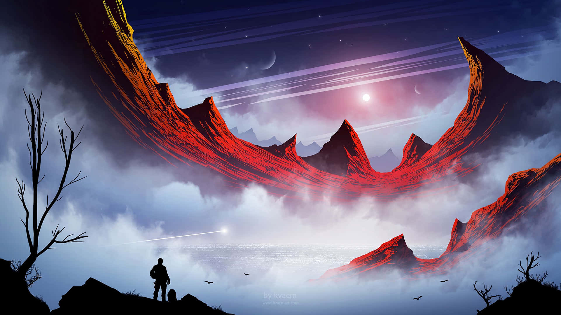 一個孤獨的探險家在星空下以發光的外星山脈為背景的剪影。