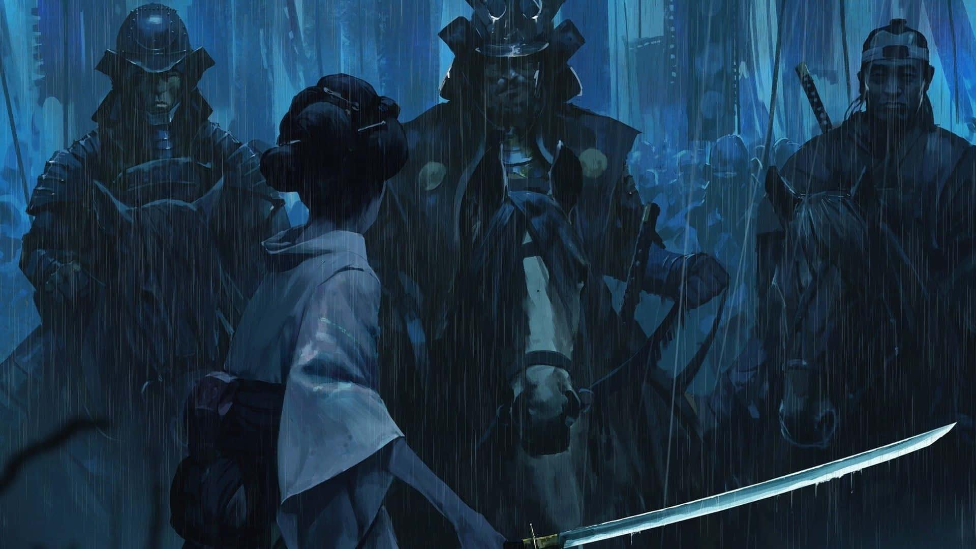 夕照古日本佛塔 壁紙 — 一位孤獨的女武士在傾盆大雨中挑釁地站立，手持武士刀，身後有身穿盔甲的戰士在陰鬱的藍調場景中隱現。