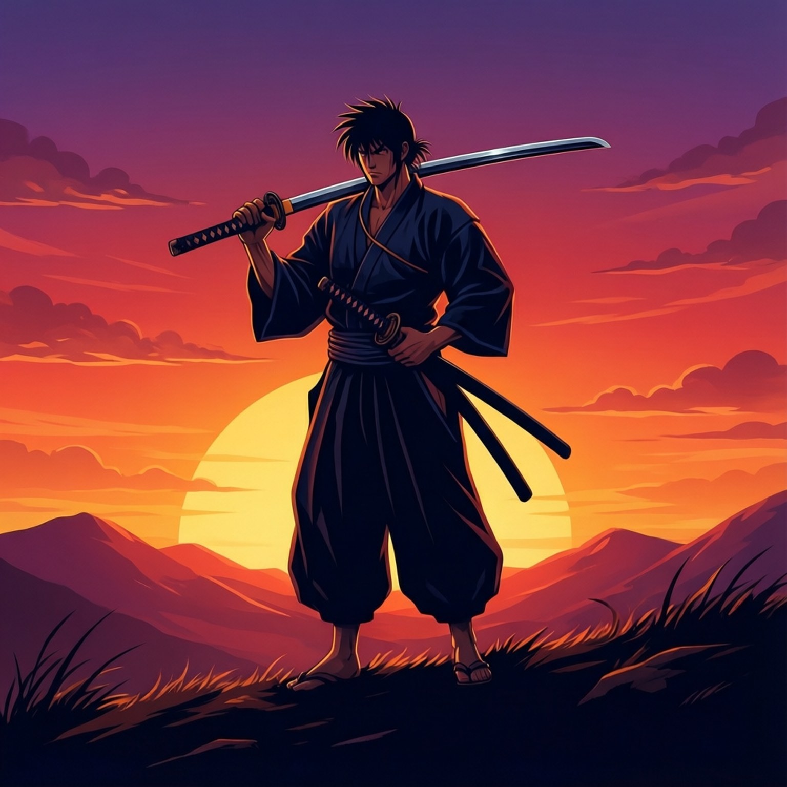 武士手持劍，以日落山脈為背景