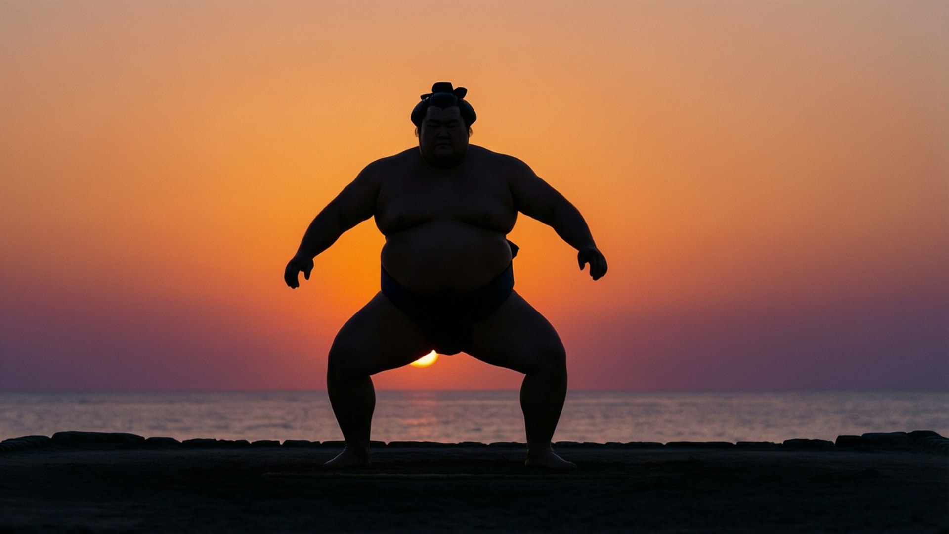 夕照戰士 壁紙 — 一名相撲選手以剪影姿態站立，背景是海洋上充滿活力的橙粉紅色日落。