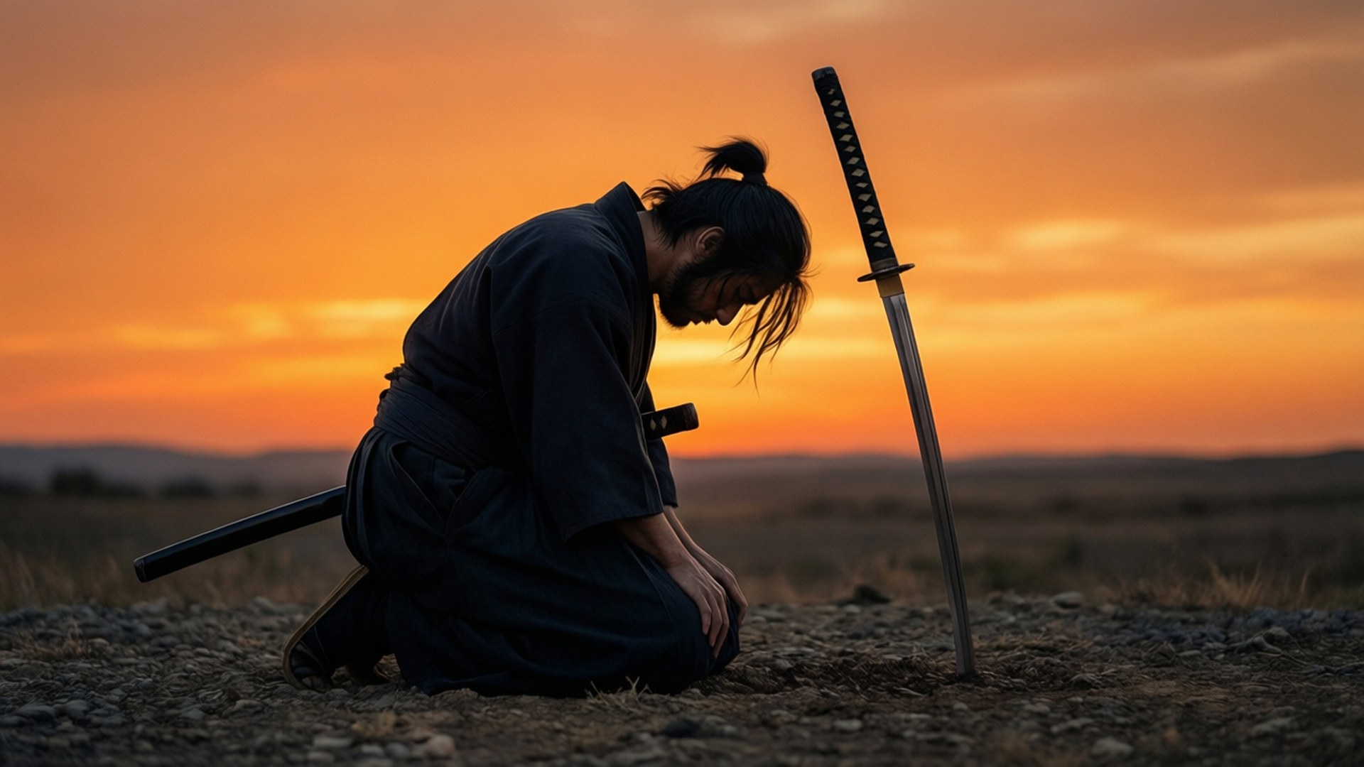 武士在開闊的田野中跪在劍旁欣賞日落