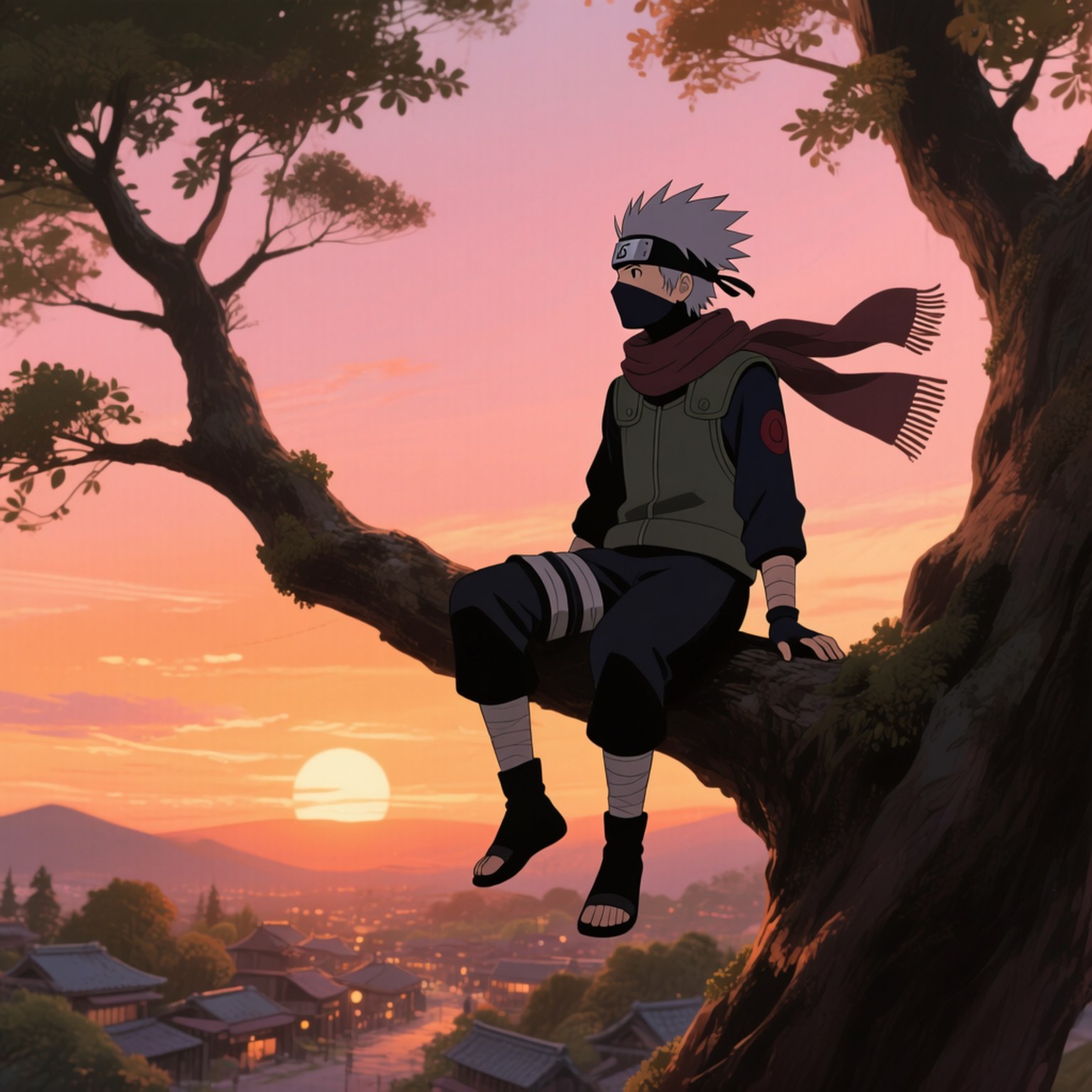 一個戴面具的忍者坐在樹枝上，看著夕陽落在村莊上空
