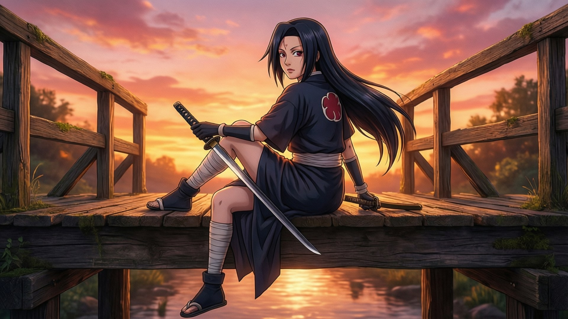 長黑發動漫戰士坐在木橋上，日落時手持劍。