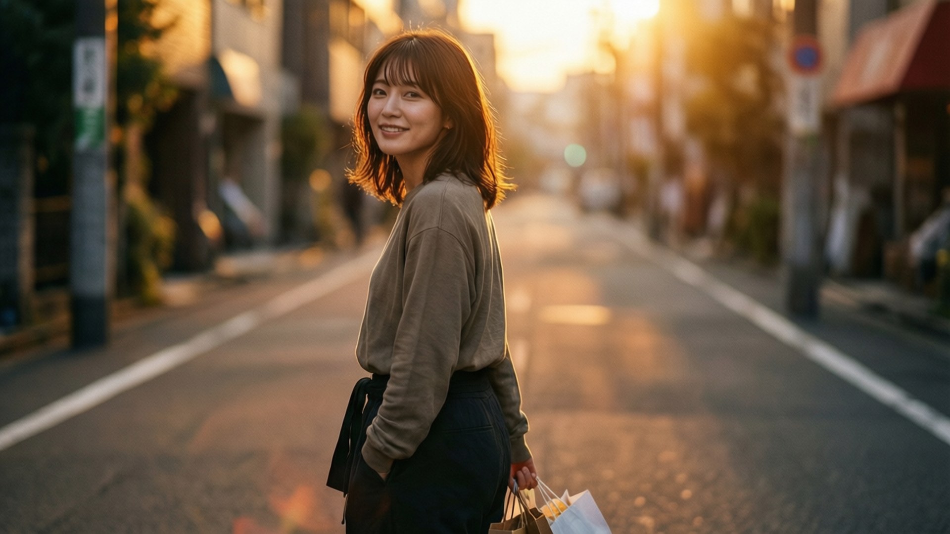 日落時分，女性微笑著提著購物袋走在街上。