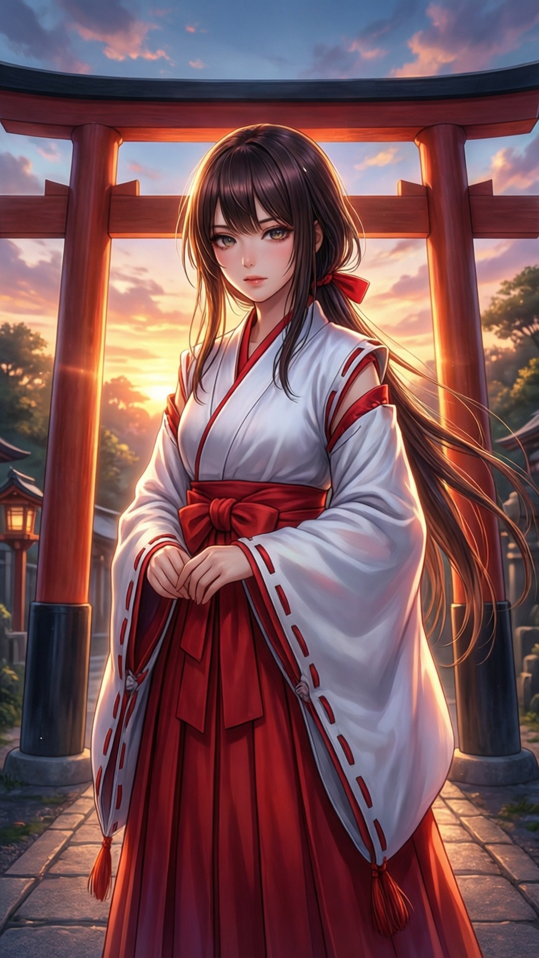 夕照神社巫女 壁紙 — 一位身穿紅白傳統服飾的寧靜動漫少女，在夕陽下站在發光的鳥居前。