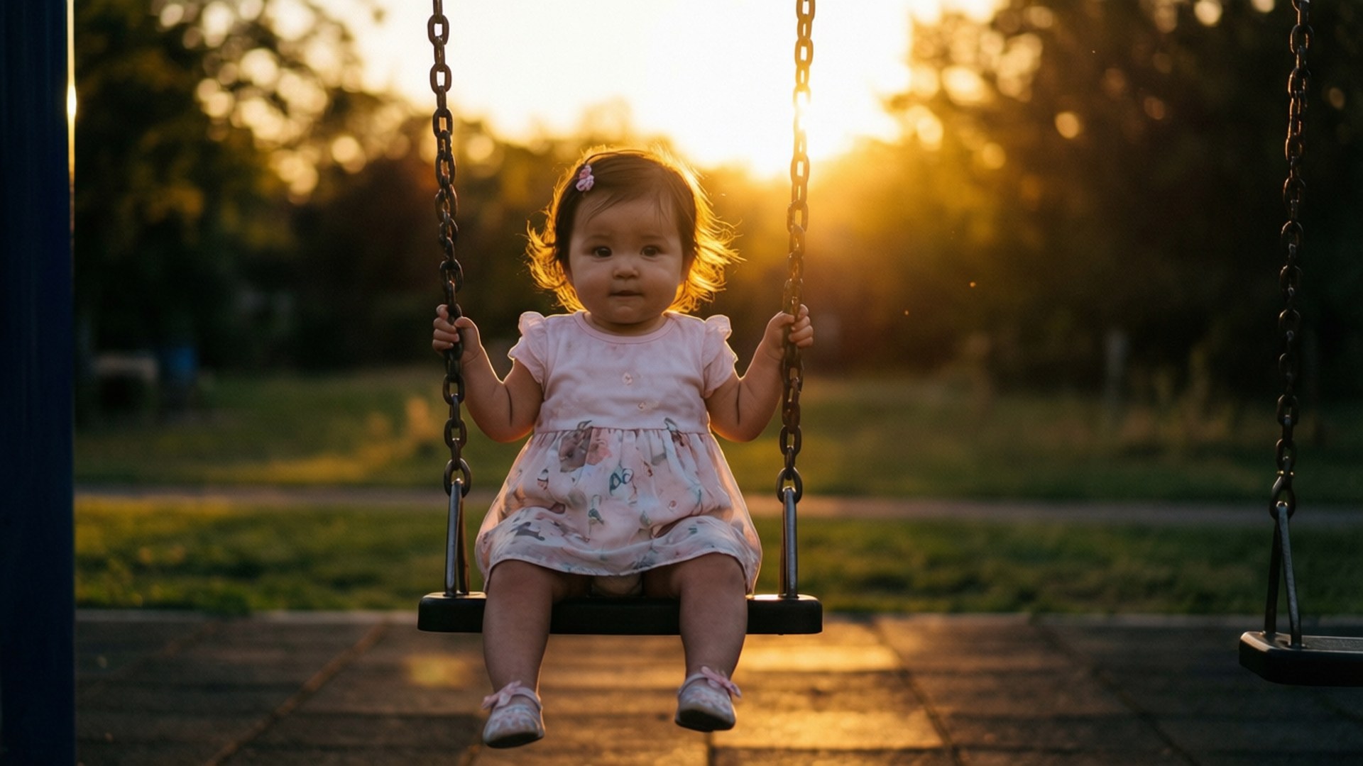 夕照秋千吻怪 壁紙 — 一個穿著花卉連衣裙的幼兒在日落時分坐在鞦韆上，金色光線從背後照亮她的頭髮。