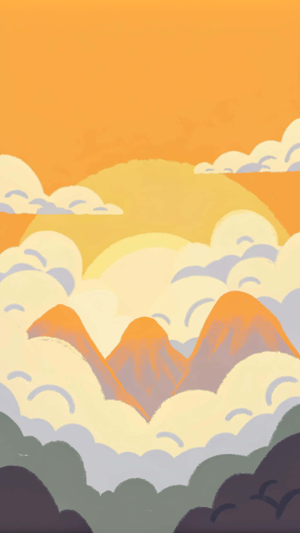 夕照雲霞 壁紙 — 在溫暖的橙色日落天空下，層疊的雲層中顯現出風格化的山脈。