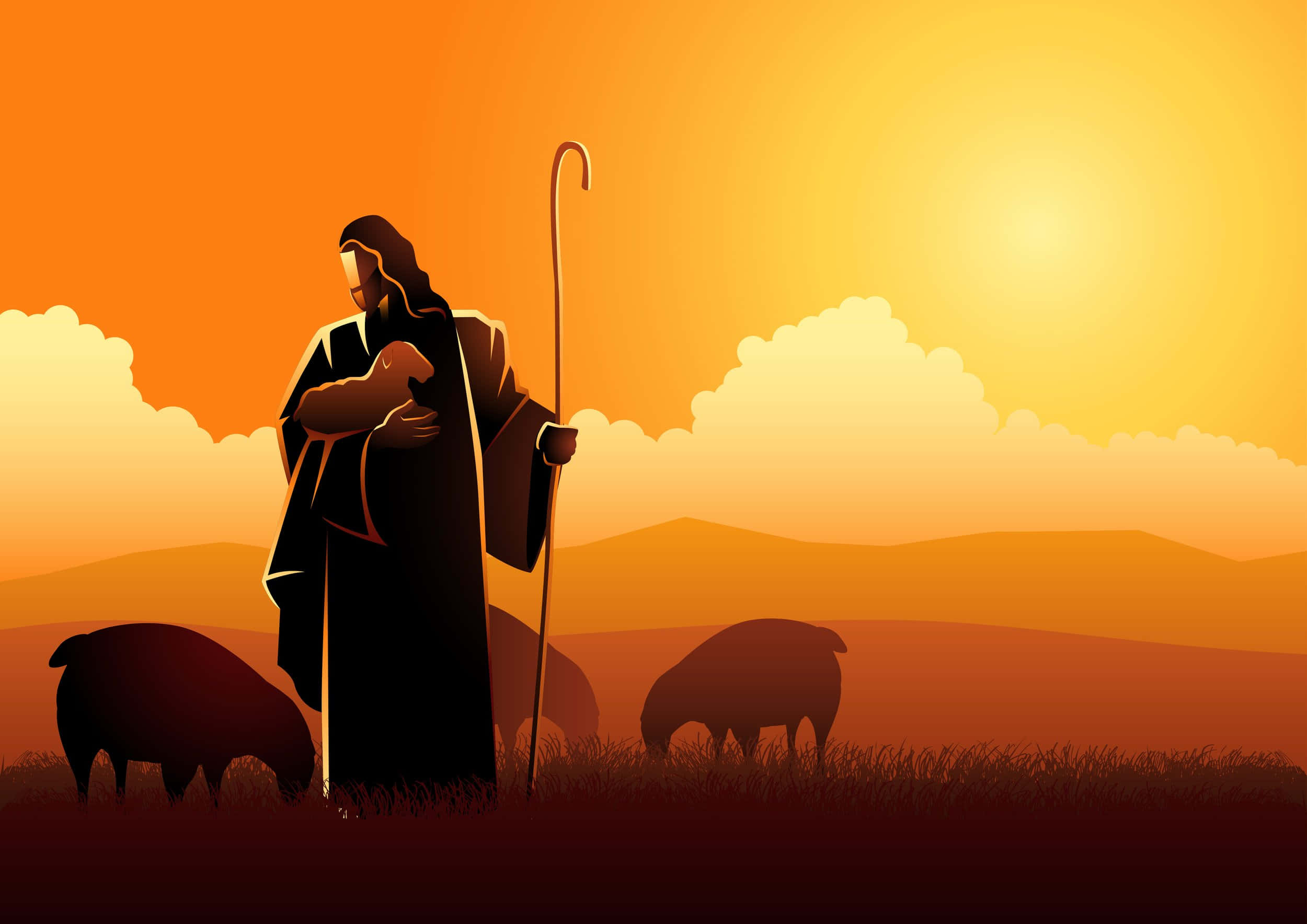 Jesus With Sheep 桌布 壁紙 — 夕陽下，一個牧羊人的剪影懷抱著一隻羊羔，羊群在金黃色的田野中吃草。
