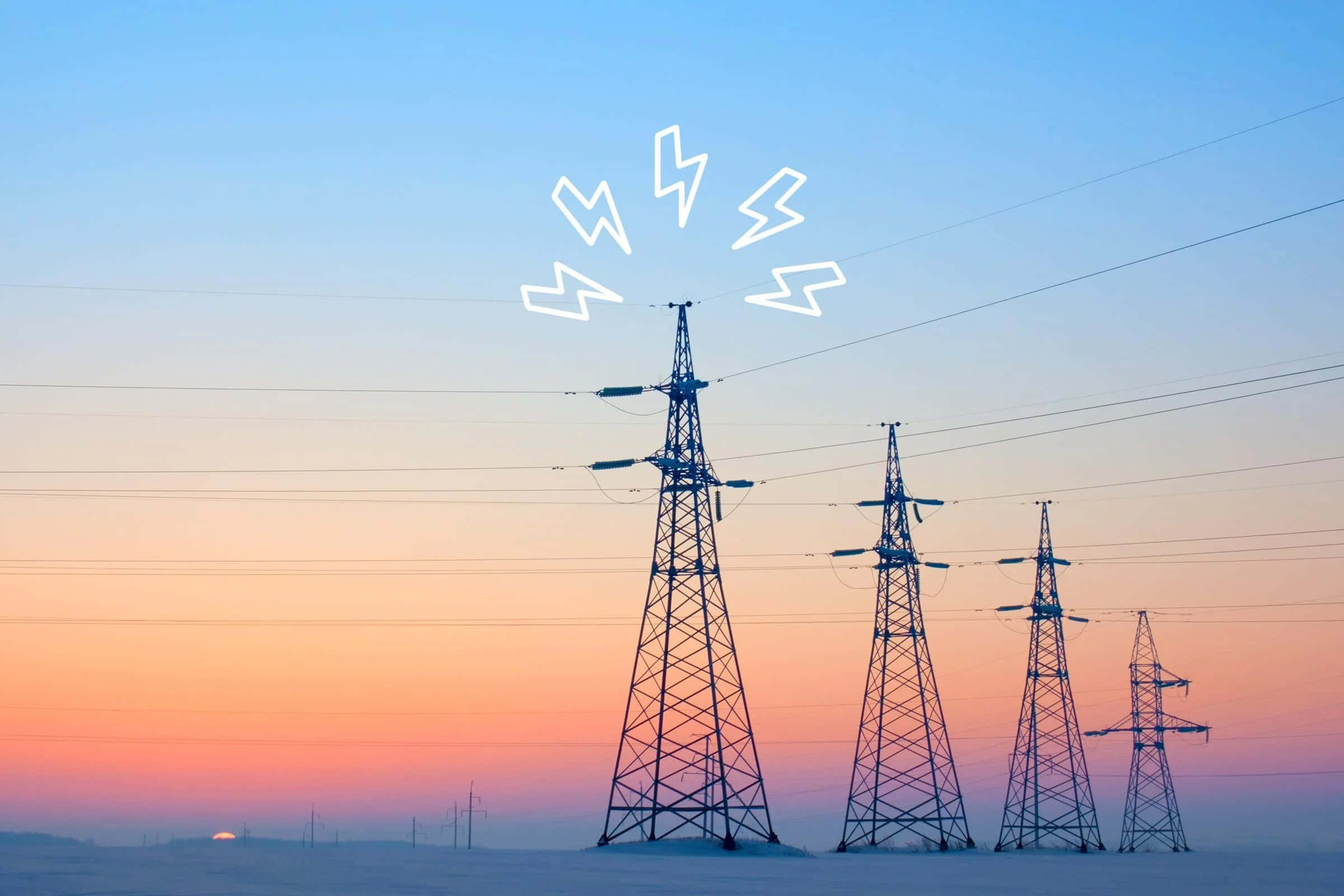 Energy 桌布 壁紙 — 夕陽下，雪地上電線杆的剪影延伸開去，最高的塔頂上有發光的閃電圖標。