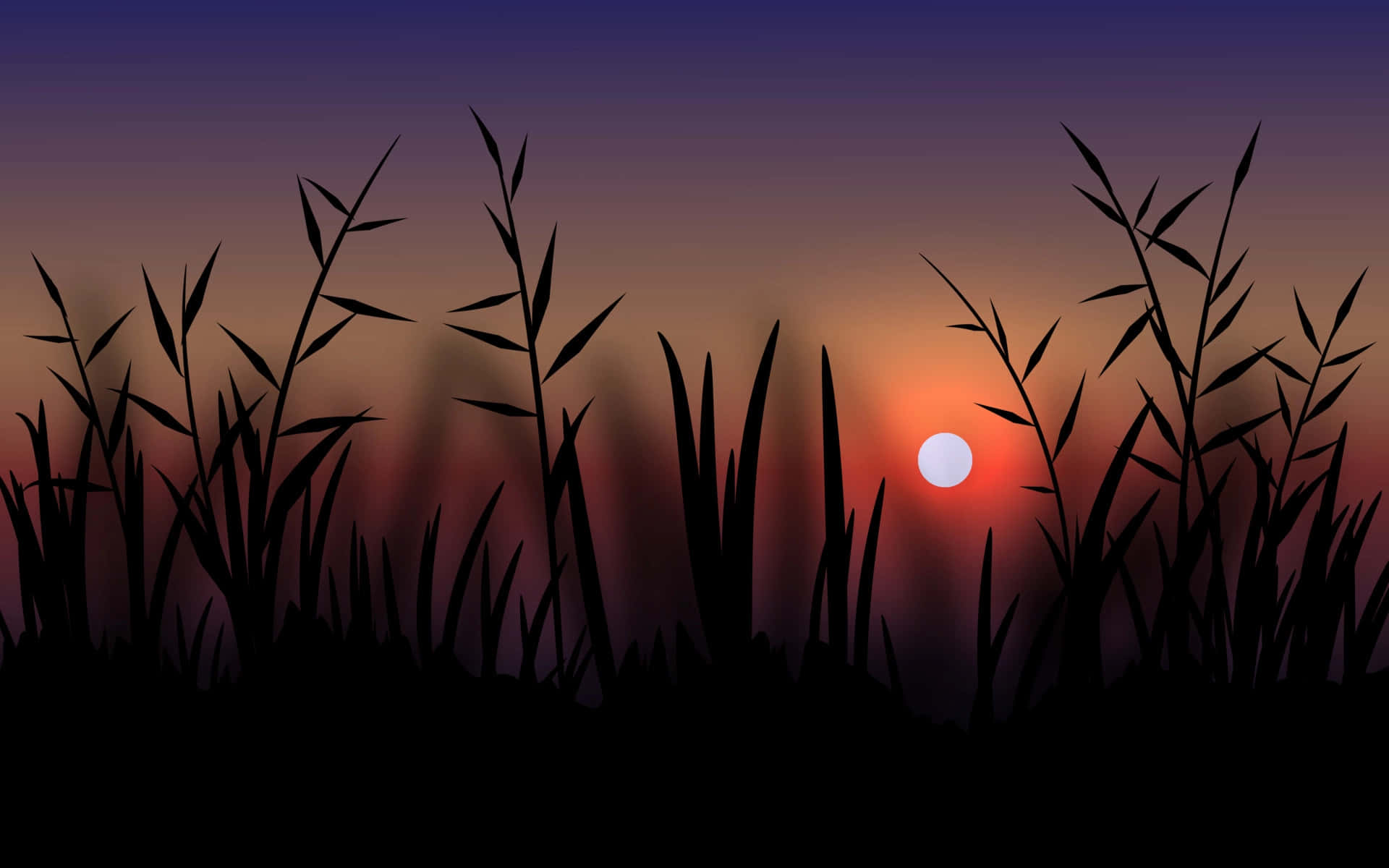 夕陽落在高草剪影後面，背景是紫色和橙色的天空