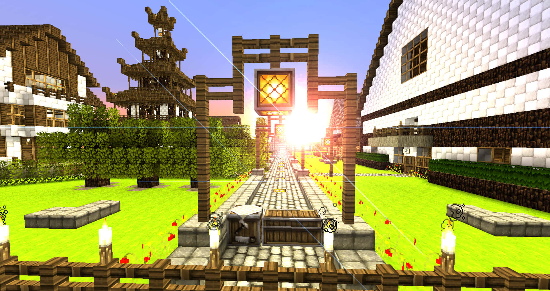 Minecraft Survival 桌布 壁紙 — 夕陽下嘅Minecraft村莊，木製鳥居發出溫暖光芒。