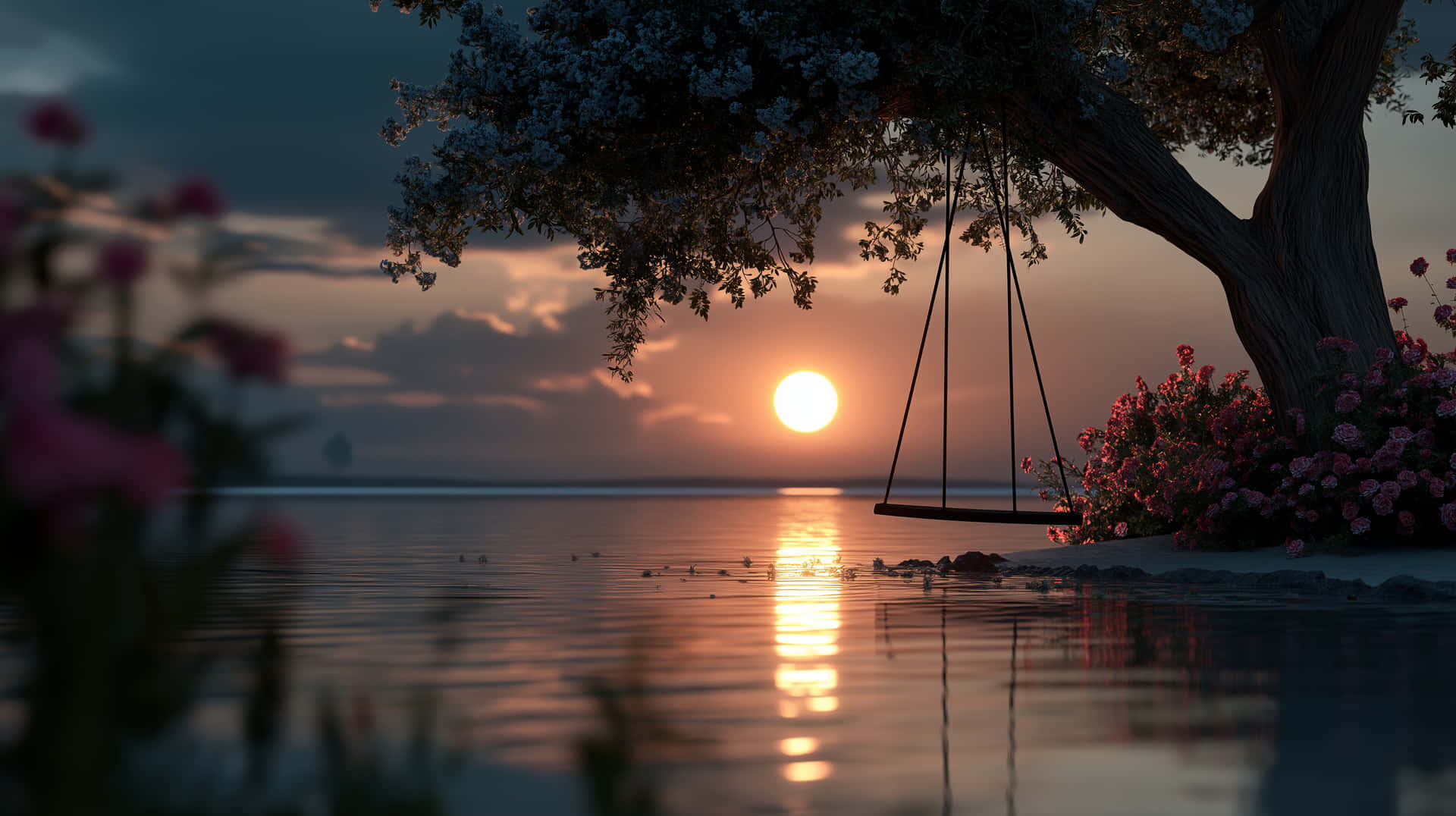 夕陽下湖邊花樹下的鞦韆，帶有橙色和粉紅色調
