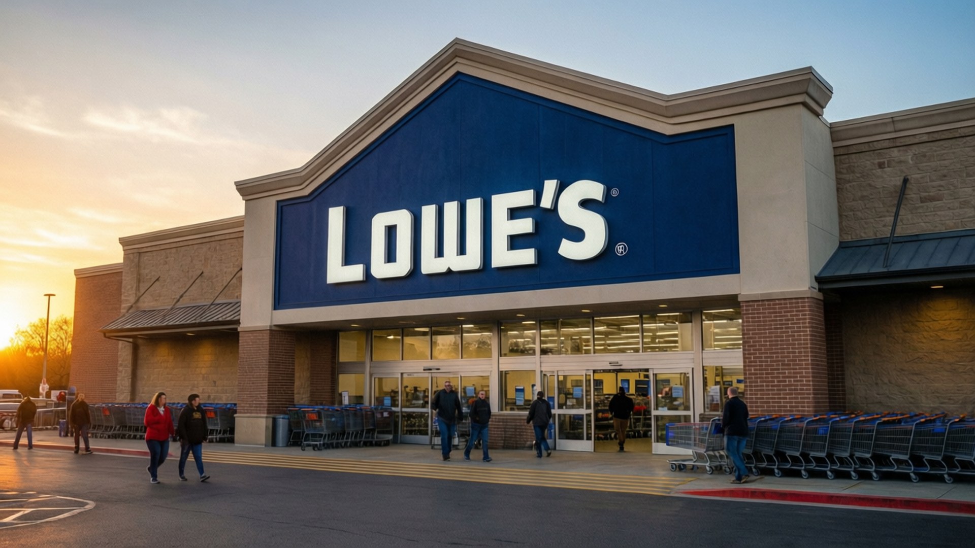 日落時分，購物者進出 Lowe's 五金店。