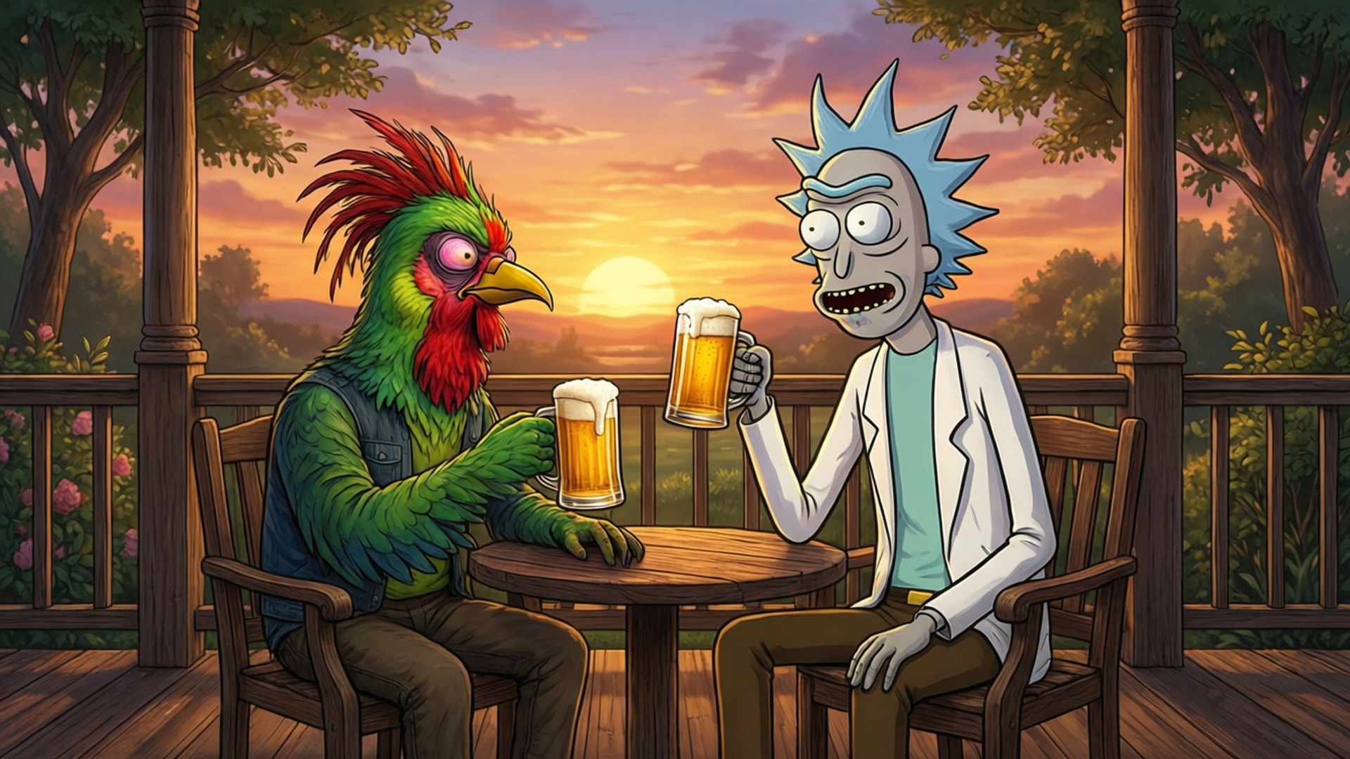 Rick Sanchez 和一隻公雞在日落時分的門廊上用啤酒乾杯。