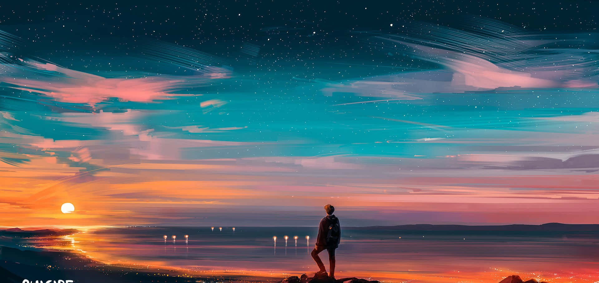 人站在岩石上觀看海洋上空的日落和星星