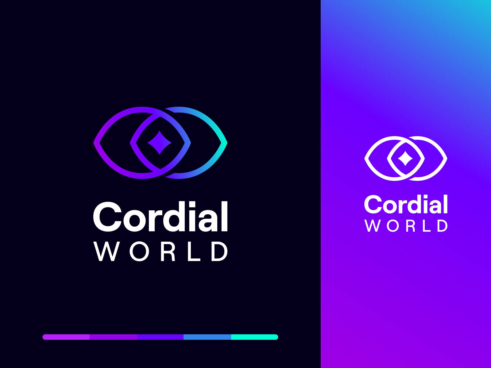夕陽下的寧靜山景 壁紙 — Cordial World 的兩個標誌變體，以漸變紫藍色調的交織眼睛形狀為特色，位於對比的深色和鮮豔背景上。