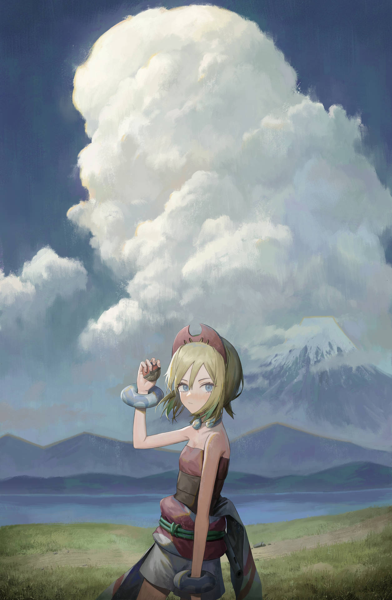 動漫女孩在湖邊拿著精靈球，背景有山和雲