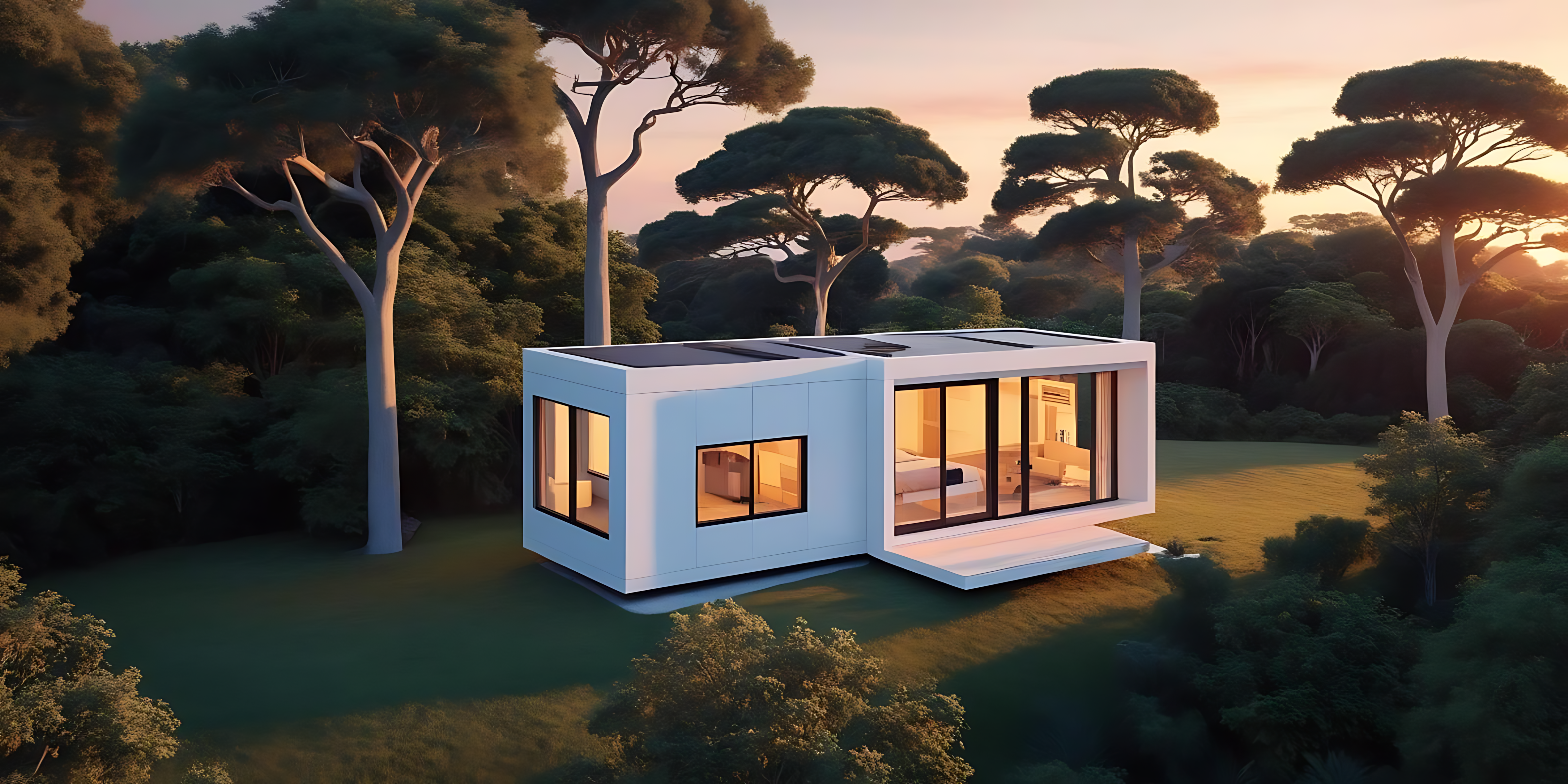 夕陽下的現代住宅 壁紙 — 一座現代白色盒子屋，窗戶發光，坐落在高樹之間，夕陽西下。