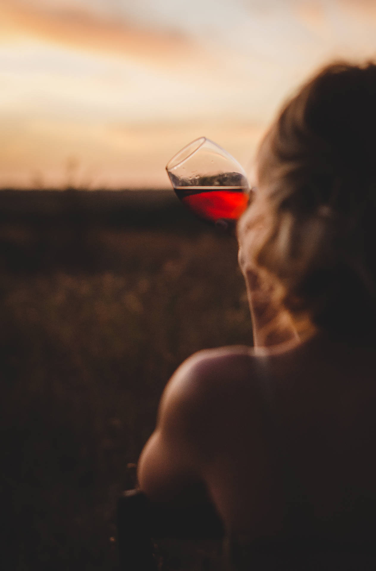日落時分在田野中舉著酒杯的人